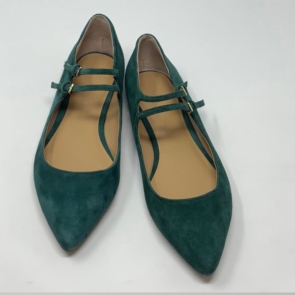 Banana Republic Green Adana Suede 6.5 Pointed Toe Double Buckle Straps Flats - Picture 2 of 2
